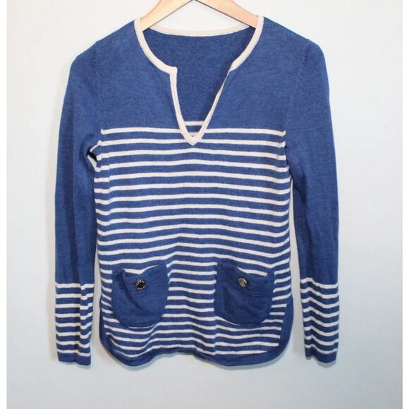 Tory Burch Odessa Merino Wool V-Neck Striped Wool Sweater Blue Small? H12151 - Picture 4 of 16